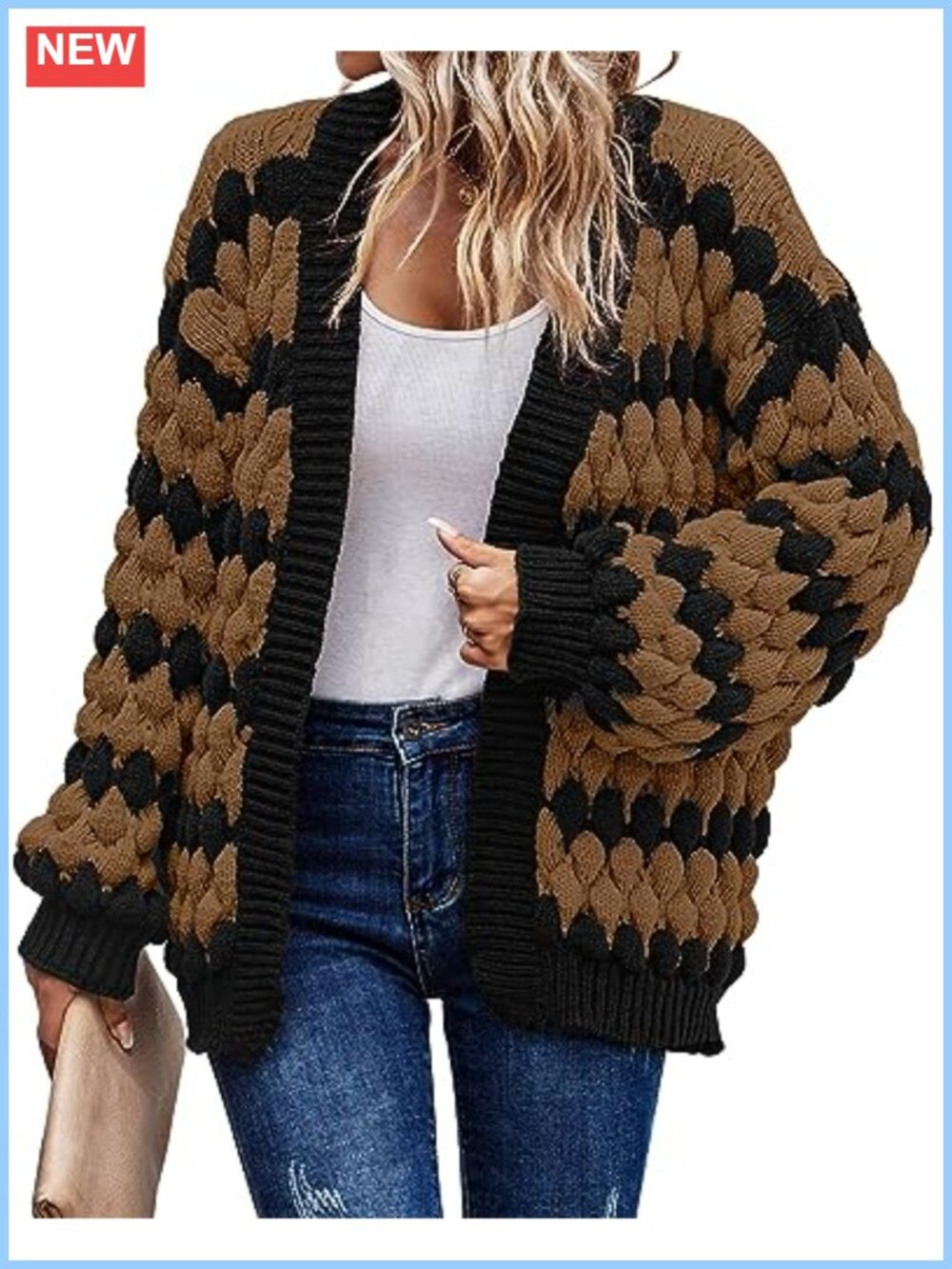 Chunky Cable Knit Open Front Cardigan Lantern Sleeve Oversized